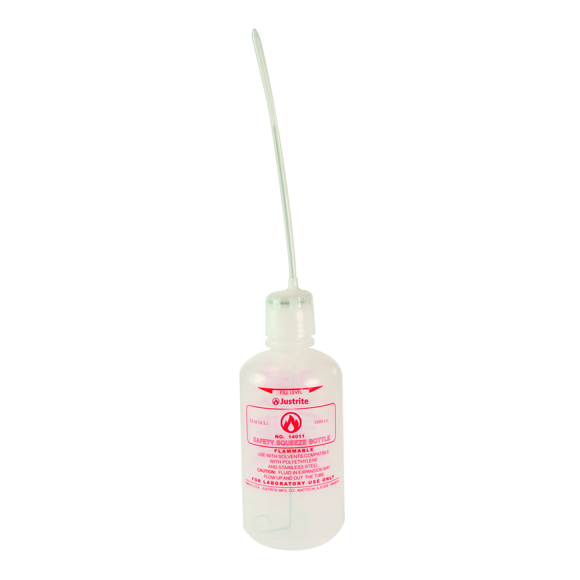 Justrite Dispensing Bottle for Flammable Liquids — 32 Oz., Flexible Tube, Polyethylene, White, Model# 14011